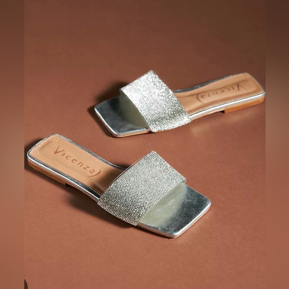 NEW Anthropologie Vicenza Metallic Slide Sandals. Made in Brazil. USA 7.